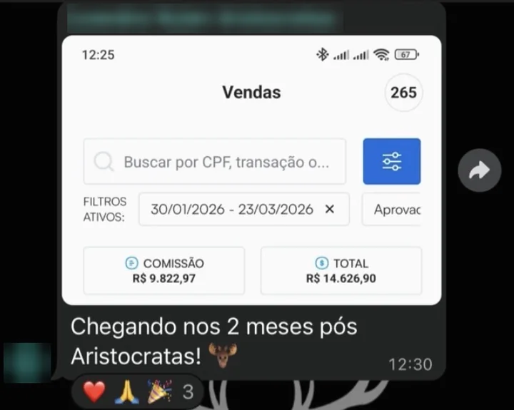 Depoimento: “Chegando nos 2 meses pós Aristocratas.” 265 vendas no período do print.
